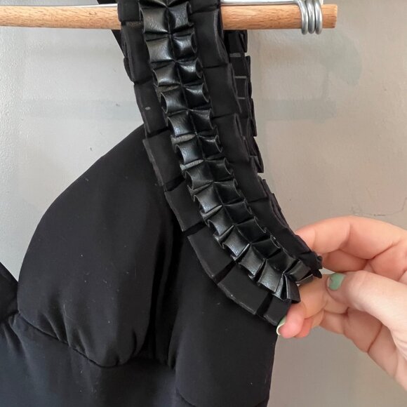 Joseph Ribkoff‎ Black Evening Gown With Faux Leather & Ruffles Sleeveless Halter - Picture 2 of 6